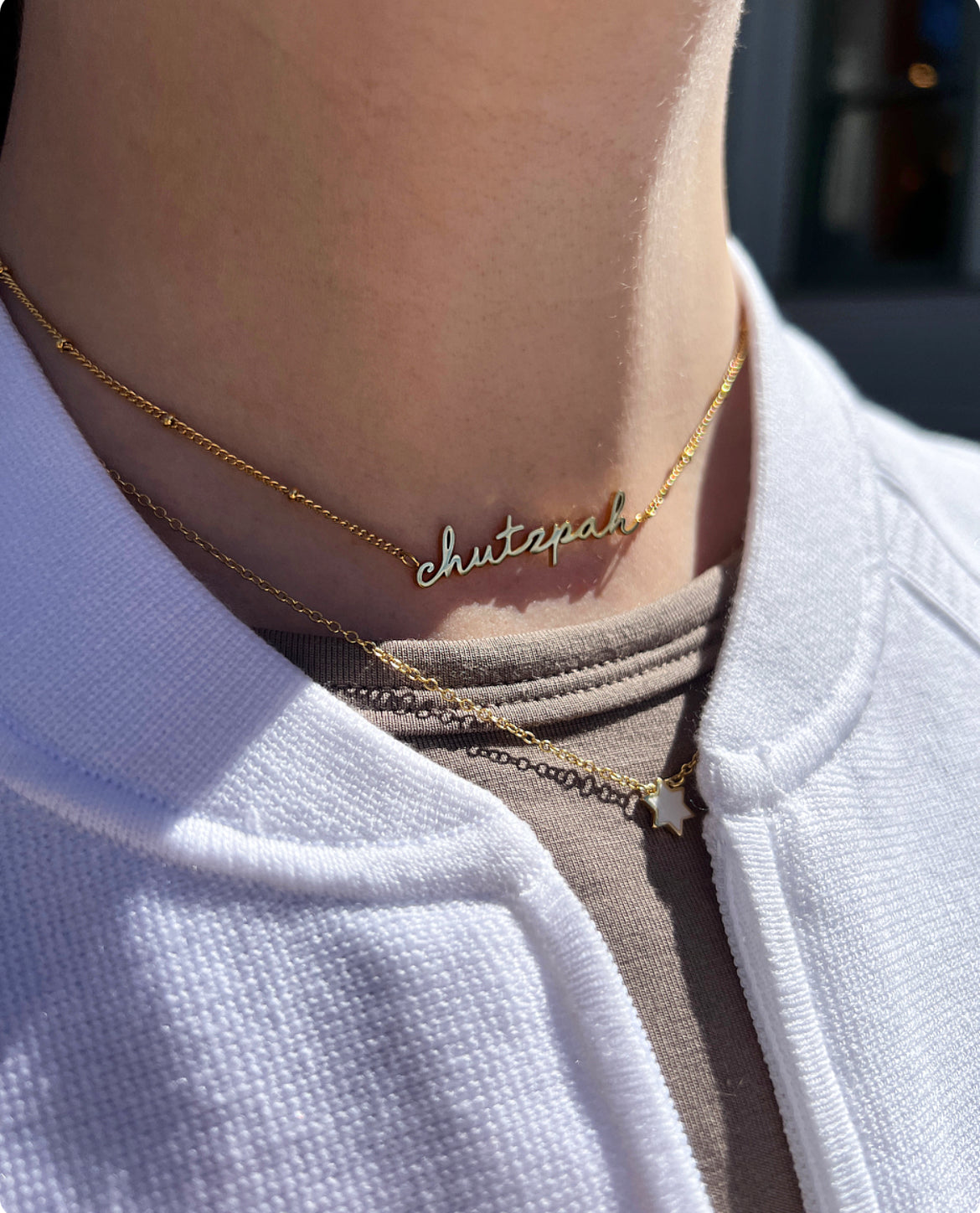 Woman wearing chutzpah choker necklace