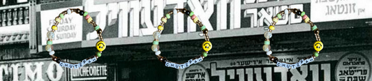 A beaded "chutzpah" bracelet overlayed on old photograph of Jewish LES NYC.